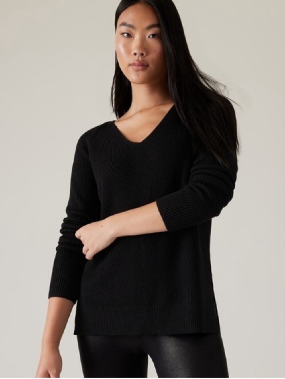 Athleta Refined Hanover V-Neck Pullover Sweater Ribbed Black Size 1X